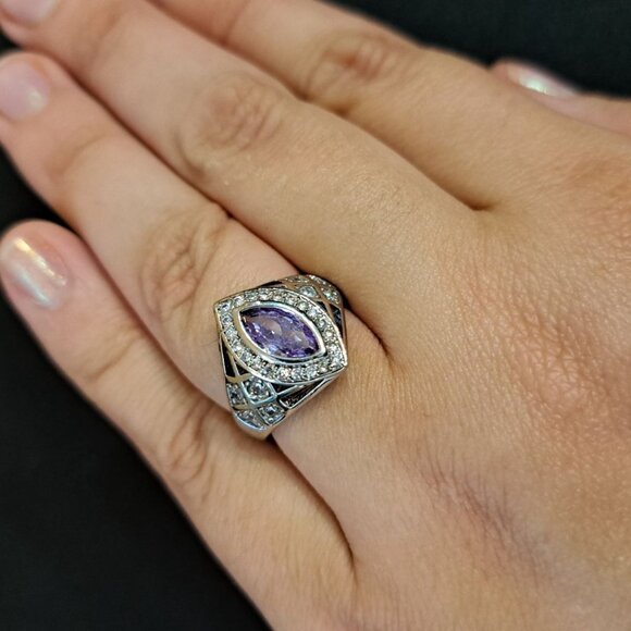 Vintage Silver Tone Amethyst & Rhinestone Ring Size 7 Delicate Style - Picture 3 of 6